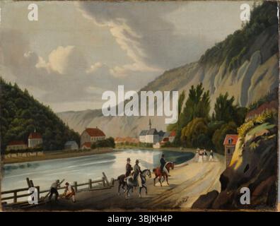 'Maastik ratsanikega' (paysage avec cavaliers) de Magnus Friedrich Stegemann est une huile sur toile représentant une scène rurale avec des cavaliers. La peinture combine les figures et la nature pour créer un paysage dynamique et paisible. Banque D'Images