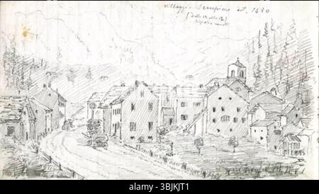 Un autre dessin au crayon sur papier d'Enrico Alberto d'Albertis, daté de juillet 1894, représentant la région de Sempione lors de ses voyages à Bormio. Ce croquis met en valeur les paysages naturels et les caractéristiques architecturales de la région, qui fait partie du carnet de voyage de l'artiste conservé au Museo delle culture del Mondo à Gênes. Banque D'Images