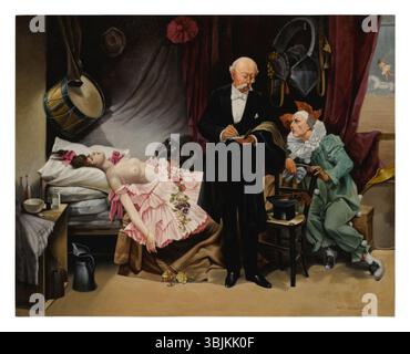 'Pierrot's Dilemma' d'Alex Duschnitz est une huile sur toile mettant en scène Pierrot, le personnage classique de la Commedia dell'Arte, dans un moment de lutte interne ou de dilemme. Le portrait expressionniste capture le conflit émotionnel de Pierrot. Banque D'Images