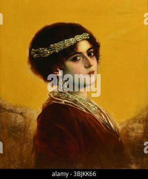 Brustbildnis einer Jungen Frau mit Perlschmuck (Portrait de buste d'une jeune femme avec des bijoux en perles) de Theodor Recknagl (1865-1945) est une peinture à l'huile sur carton représentant une jeune femme portant des bijoux en perles. L'artiste capture l'élégance de l'apparence du sujet, en mettant l'accent sur les perles complexes et les traits délicats. Banque D'Images