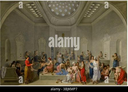 La peinture à l’huile de Jean-Jacques-François le Barbier de 1785 représente l’intérieur d’un hammam féminin, capturant les rituels de baignade et les éléments architecturaux de la culture ottomane. Banque D'Images