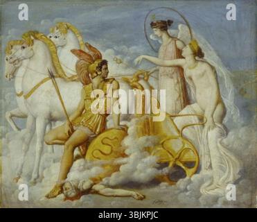 Jean-Auguste-Dominique Ingres 'Vénus béni par Diomède remonte à l'Olympe' (1803) représente la déesse grecque Vénus alors qu'elle monte au ciel, blessée par Diomède. La peinture, exécutée à l'huile sur panneau, souligne le contraste dramatique entre la forme délicate de la déesse et l'impact émotionnel de la blessure. Banque D'Images