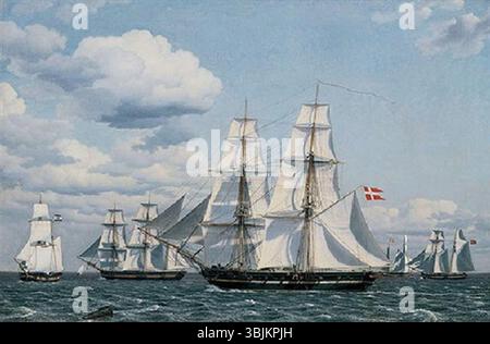 La peinture de Christoffer Wilhelm Eckersberg de 1827 représente plusieurs navires marchands traversant avec des voiles pleines, tandis qu'un brick de la marine danoise est représenté au premier plan. La peinture souligne la compétence d’Eckersberg dans la capture de scènes navales et de la vie maritime. Banque D'Images