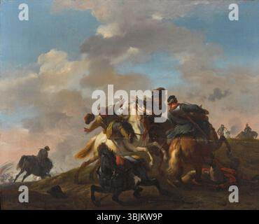 « A Cavalry Skirmish » de Jan van Huchtenburgh est une huile sur toile représentant une scène de bataille militaire. La peinture représente les forces de cavalerie engagées dans une escarmouche, mettant en évidence l'action dynamique des personnages et des chevaux. Banque D'Images