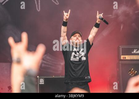 Gdansk, Pologne. 06 juin 2025. Le groupe de metalcore américain Hatebreed donne un concert live lors du festival de musique polonais Mystic Festival 2025 à Gdansk. Ici, le chanteur Jamey Jasta est vu en direct sur scène. Banque D'Images