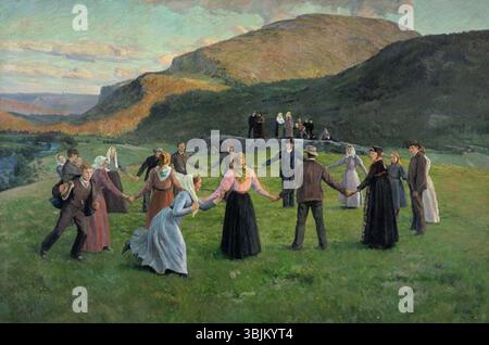 'Fête de la jeunesse à Eggedal' de Christian Skredsvig est une peinture à l'huile de 1895 représentant une célébration vibrante dans le village d'Eggedal, en Norvège. La peinture capte l'énergie et la joie des jeunes, avec des personnages engagés dans des festivités dans un cadre rural, reflétant les traditions culturelles norvégiennes. Banque D'Images