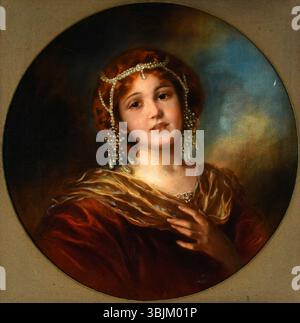 'Damenbildnis mit Haarschmuck' (Portrait d'une dame à la coiffe extravagante) de Theodor Recknagl (1865–1945) montre une jeune femme aux coiffures élaborées. La peinture à l'huile sur toile capture son apparence royale et à la mode, avec un format d'image ronde et signature à gauche. Banque D'Images