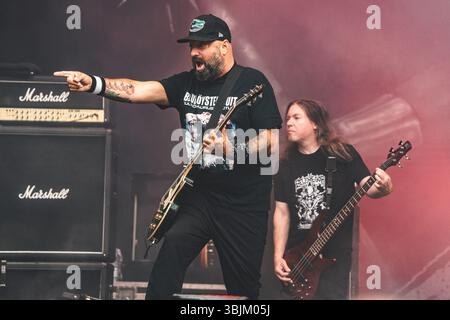 Gdansk, Pologne. 06 juin 2025. Le groupe de metalcore américain Hatebreed donne un concert live lors du festival de musique polonais Mystic Festival 2025 à Gdansk. Ici le guitariste Frank Novinec est vu en direct sur scène. Banque D'Images