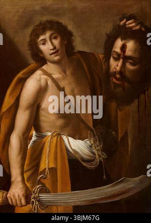 David Holding Goliath's Head de Giuseppe Vermiglio (1585-1635) est une peinture à l'huile des années 1610 représentant l'histoire biblique de David et Goliath. La pièce capture le moment triomphant où David, le jeune berger, tient la tête coupée de Goliath après l'avoir vaincu au combat. Banque D'Images