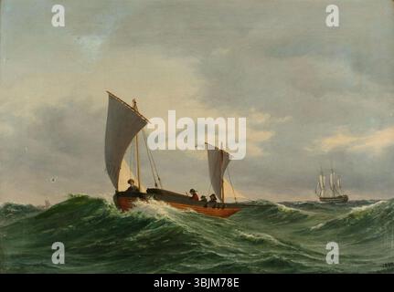 'En båd og et linjeskib' (Un bateau et un navire de la ligne) d'Anton Melbye (1842) est une huile sur toile représentant une scène maritime avec un petit bateau et un grand navire militaire de la ligne en haute mer. Banque D'Images