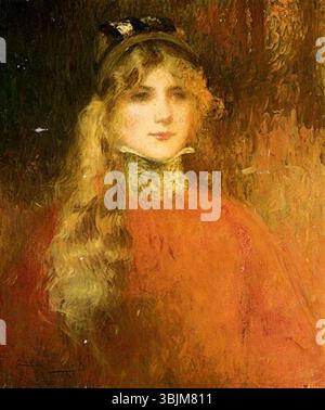 Lucien-Victor Guirand de Scévola (1871-1950) peint jeune femme en rouge en 1903. Cette œuvre représente une jeune femme vêtue de rouge, mettant l'accent sur le contraste des couleurs et la représentation des figures typiques des portraits du début du XXe siècle. Banque D'Images