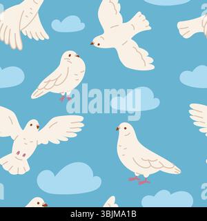 Motif sans couture colombes blanches. Pigeons et nuages de ville mignons, oiseaux de gribouillage urbain répétés, paix, amour, symbole de foi. Textile, papier d'emballage, papier peint Illustration de Vecteur