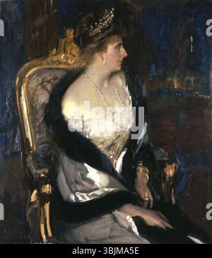Cette huile sur toile de 1911 de Joaquín Sorolla représente Victoria Eugenia, reine d'Espagne, en se concentrant sur sa tenue habillée et sa pose royale. Banque D'Images