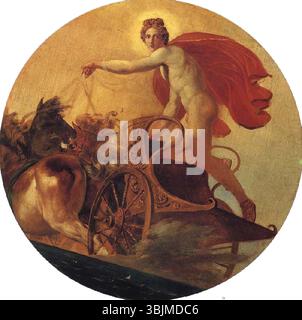 La peinture à l'huile du XIXe siècle de Karl Bryullov 'Phoebus Driving His chariot' dépeint le Dieu grec Phoebus alors qu'il conduit son char à travers le ciel. La composition dramatique et vivante reflète la maîtrise du style romantique de Bryullov. Banque D'Images