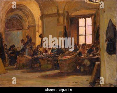 Gonzalo Bilbao Martínez (1860–1938) peint « L'usine de tabac de Séville » en 1921 à l'huile sur toile. La peinture montre une scène intérieure industrielle de l'usine de tabac de Séville avec des ouvriers et des machines. Banque D'Images