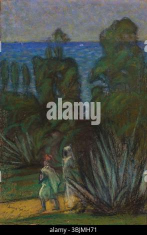 Le tableau de 1912 de Ants Laikmaa 'Tuniisi maastik' (paysage de Tunis) dépeint une vue sereine du paysage tunisien, en utilisant des pastels sur papier. Le travail de Laikmaa capture la beauté naturelle de la région, mélangeant lumière et couleur pour créer une scène paisible. Banque D'Images
