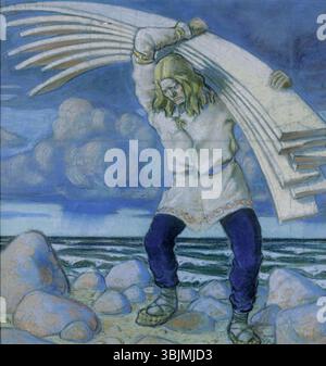 Kalevipoeg laudu kandmas (Kalevipoeg portant les bûches) d'Oskar Kallis (1892-1918) est une peinture pastel et papier de 1914. Il représente la figure légendaire Kalevipoeg du folklore estonien, engagée dans un acte héroïque de force, portant des bûches. L’œuvre relie le folklore à l’utilisation expressive de la couleur et de la texture par l’artiste. Banque D'Images