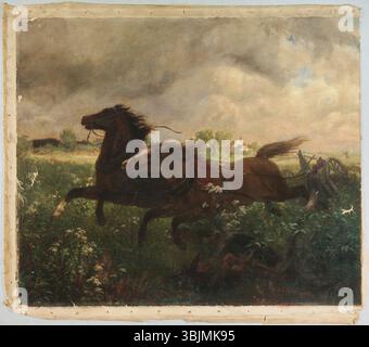 Johannes Adam Simon Oertel (1823-1909) peint Runaways en 1877, une huile sur toile représentant une scène dramatique de deux personnages fuyant le danger. La peinture transmet l’urgence et le mouvement, soulignant la compétence d’Oertel à capturer l’action dynamique et l’intensité émotionnelle. Banque D'Images