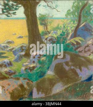 Oskar Kallis (1892–1918) peint Maastik kividega entre 1913 et 1914, en utilisant du pastel sur papier. La peinture représente un paysage avec de grands rochers, soulignant les éléments naturels dans un cadre rural paisible. Banque D'Images