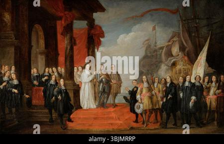 Le tableau de François Duchatel de 1677 représente Charles Quint après son abdication, à bord d'un navire au port de Vlissingen, en Zélande, à destination de l'Espagne. Le travail à l'huile sur toile dépeint le moment historique significatif avec précision et détails dramatiques. Banque D'Images