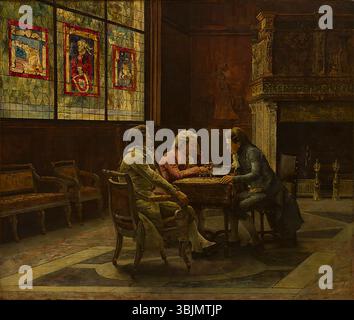 Peinture à l'huile du XIXe siècle de Manuel Jiménez Prieto représentant une partie d'échecs en cours, mettant l'accent sur le jeu stratégique entre deux personnages. Banque D'Images