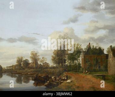 La peinture de Jan van der Heyden 'A Country House on the Vliet Near Delft' (1665) représente une scène rurale avec une maison de campagne près d'une rivière, capturée avec un détail méticuleux. L’huile sur panneau souligne les compétences de van der Heyden en peinture paysagère et architecturale. Banque D'Images