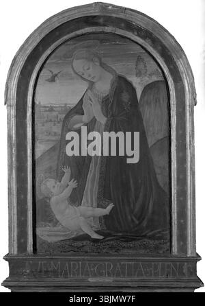 Cette tempera sur panneau de Jacopo del Sellaio, peinte au XVe siècle, représente la Vierge Marie adorant le Christ enfant dans une composition dévotionnelle. Banque D'Images