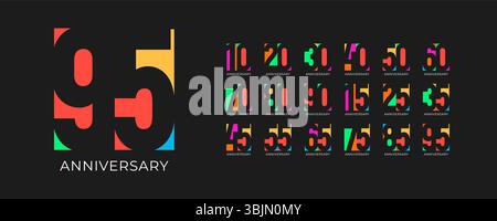 Numéros colorés de célébration d'anniversaire POP sur noir. Style géométrique jeune pour les événements jubilaires, image de marque créative, années marquantes. Gras Illustration de Vecteur