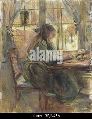 Tableau intitulé 'Julie à la table' par Berthe Morisot, vers 1891. L'huile sur toile représente Julie Manet assise à une table, illustrant une scène intérieure domestique. Banque D'Images