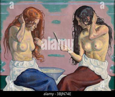 'Der Morgen' (1915) d'Emil Eugen Meyer capture la première lumière du jour dans un paysage serein et paisible. Cette peinture à l’huile, signée et datée, reflète la maîtrise de Meyer dans la capture de la lumière naturelle et de l’atmosphère calme de l’aube. Banque D'Images