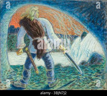 Oskar Kallis (1892–1918) peint Kalevipoeg mõõgaga entre 1912 et 1913 en utilisant du pastel sur papier. Le tableau représente Kalevipoeg, un héros estonien mythologique, tenant une épée. Banque D'Images