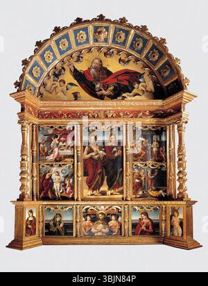 Martín Gómez L'ancien (1500-1562) peint le retable des deux Saint Jean entre 1530 et 1562. Cette œuvre se compose de onze panneaux représentant Saint Jean-Baptiste et Saint Jean-Évangéliste dans des scènes religieuses. Banque D'Images
