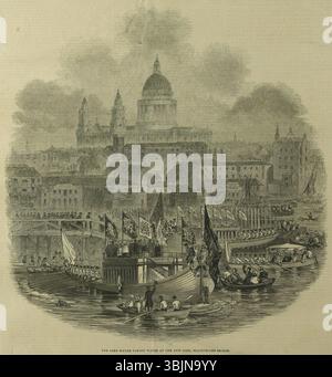 Cette illustration réalisée en 1845 par Ebenezer Landells pour The Illustrated London News représente le Lord Mayor’s Show. L'image montre le lord maire embarquant sur un bateau au nouveau quai près du pont Blackfriars, marquant un événement cérémoniel dans la tradition annuelle de Londres. Banque D'Images