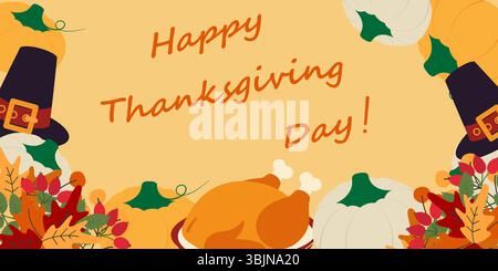 Citrouilles dessinées à la main chapeau de pèlerin Turquie frite feuilles d'automne et bannière de texte Happy Thanksgiving Day. Illustration vectorielle cartes de vœux de Thanksgiving, invitations de fête ou bannière promo, dépliants, affiche, étiquette Illustration de Vecteur