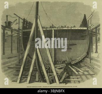 Cette gravure sur bois, créée par Edwin Weedon en 1862, représente l’ossature de la frégate à vapeur Achille de sa Majesté, un navire de 50 canons, qui fait partie de la nouvelle flotte revêtue de fer. L'illustration est parue dans l'Illustrated London News le 26 avril 1862. Il met en lumière la construction du navire et l'innovation navale à l'époque victorienne. Banque D'Images