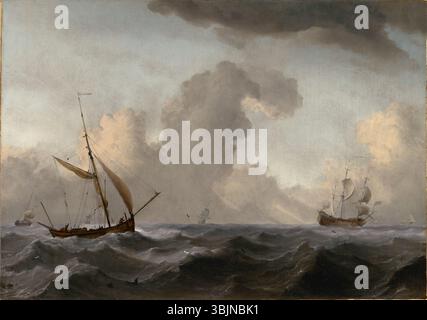 Willem van de Velde le jeune 'un galliot anglais en mer courant avant un vent fort' (vers 1690) dépeint une scène maritime dramatique. La peinture à l’huile sur toile capte le mouvement et l’énergie de la mer, reflétant l’expertise de l’artiste en marine aménagée Banque D'Images