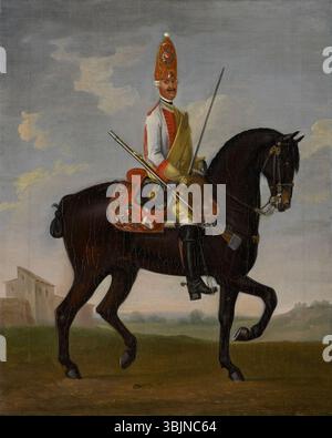 Cette huile sur toile peinte par David Morier, datée vers 1749, représente un grenadier du 8e régiment de Dragons connu sous le nom de 'Pontpietin'. L'œuvre met en évidence l'uniforme militaire et les accoutrements des troupes de cavalerie du milieu du XVIIIe siècle. Banque D'Images