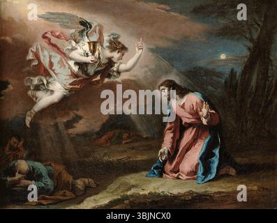 Sebastiano Ricci (1659-1734) peint Christus am Ölberg vers 1730. Cette huile sur toile représente la scène biblique de l'agonie du Christ dans le jardin de Gethsémani, mettant en valeur le style baroque avec une émotion dramatique et une composition dynamique. Banque D'Images