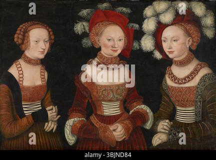 Vers 1535 peinture à l'huile de Lucas Cranach l'ancien représentant les trois princesses saxonnes Sibylla, Emilia et Sidonia. L'œuvre dépeint les princesses en tenue Renaissance avec des traits et expressions faciaux détaillés. Banque D'Images