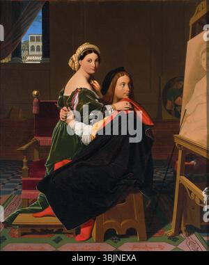 Huile sur toile 'Raphaël et la Fornarine' (1814) de Jean-Auguste-Dominique Ingres. Il représente l'artiste de la Renaissance Raphaël avec Margarita Luti, connue sous le nom de la Fornarina, assises ensemble dans un moment intime. Banque D'Images