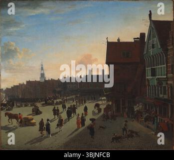 « Le barrage et Damrak, Amsterdam » de Jan van der Heyden (1663) est une peinture à l'huile représentant une vue de la place du Dam d'Amsterdam et du canal Damrak, un bel exemple de peinture de paysage urbain néerlandais de l'âge d'or. Banque D'Images