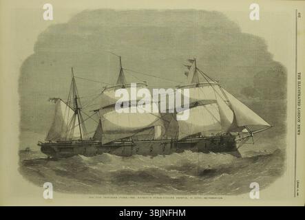 Frederick James Smyth a illustré la gravure sur bois de 1862 intitulée « The New Iron-Clad Fleet, Her Majesty's Steam-Frigate Defence, 18 Guns » pour The Illustrated London News. Il représente un navire de guerre cuirassé à vapeur armé de dix-huit canons. Banque D'Images