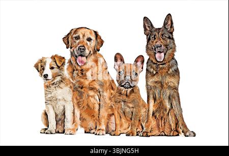 Golden retriever, berger allemand, bouledogue français et border collie posant ensemble Banque D'Images