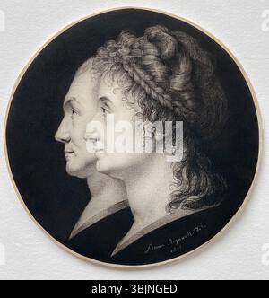 Le double portrait de Jean-François Heurtier et de son épouse Marie-victoire Jobbé, réalisé par Sophie Regnault en 1801, les présente de profil, capturant leur ressemblance avec une précision délicate à la craie noire et à la craie blanche. Banque D'Images