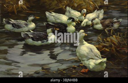 « Ducks in the Evening Sun » d'Alexander Koester capture un moment paisible dans la nature, avec des canards dans un cadre tranquille au coucher du soleil. La peinture à l’huile reflète l’habileté de l’artiste à représenter la faune et les paysages naturels. Banque D'Images