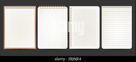 Pages réalistes de bloc-notes ou papier-notes vectoriel ligné, ensemble d'arrière-plan isolé pour le document de bureau ou la page de grille. Fond de feuille de bloc-notes avec surface pointillée. Mémo vide de l'éducation ou de l'école. Papier à notes Illustration de Vecteur