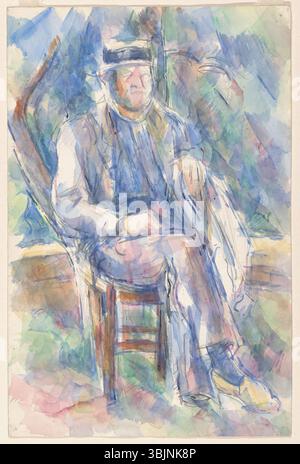 Paul Cézanne's 'Man Wearing a Straw Hat' (1905-1906) est une aquarelle sur graphite, mettant en vedette le portrait d'un homme portant un chapeau de paille. L'œuvre est un exemple du style tardif de Cézanne, mettant l'accent sur la forme, la structure et les changements subtils de couleur. Banque D'Images