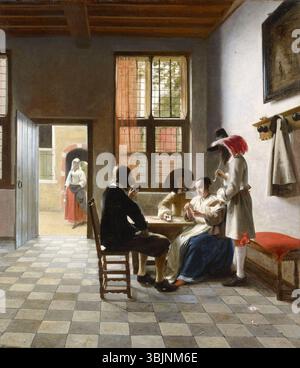La peinture de Pieter de Hooch, « Cardplayers in a Sunlit Room » (1658), représente un groupe d'individus jouant aux cartes dans un intérieur bien éclairé. L’huile sur toile souligne le jeu de lumière dans la pièce et l’interaction sociale entre les figures. Banque D'Images