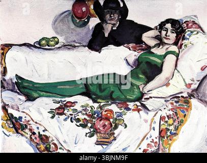 *After the Ball* de Joseph Simpson (1912) capture un moment après un rassemblement social, dépeignant l'élégance et l'ambiance de la scène avec un pinceau détaillé. La peinture à l'huile met en valeur les figures en tenue formelle, avec une atmosphère douce qui suggère le calme après un événement animé. Banque D'Images