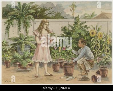 Le tableau de Jan van der Heyden, datant de 1920, 'Europees meisje verzorgt samen met een tuinman de planten', représente une jeune fille européenne qui s'occupe des plantes avec un jardinier dans un cadre tropical, illustrant la collaboration dans le jardinage en Indonésie. Banque D'Images
